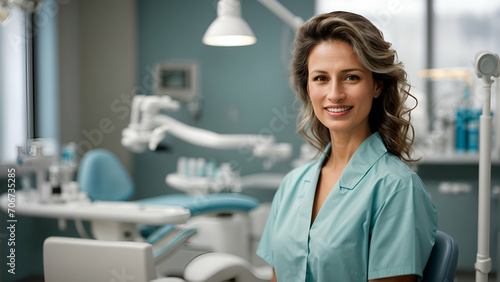 female dentist smiling at camera while standing at dental clinic