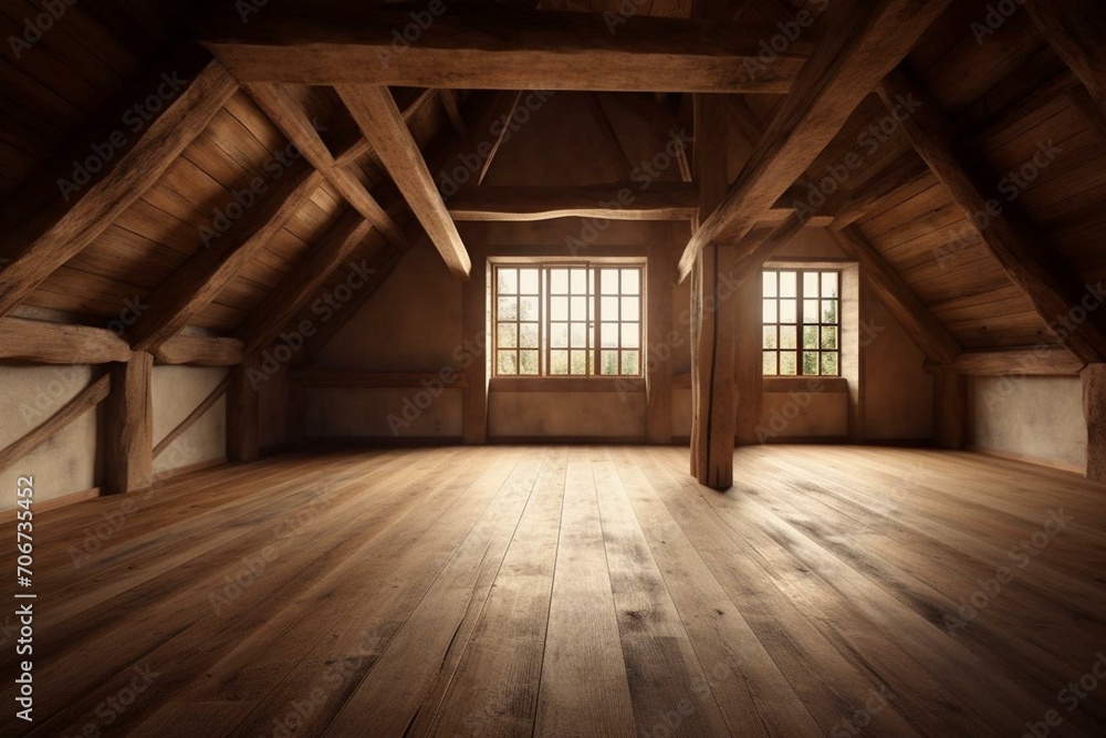 Interior: room with wooden timbers and floors. Generative AI
