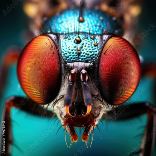 close-up photo of a fly's face with big red eyes. blurred background, defocus, blurred concept photo for a scientific magazine, articles about insects