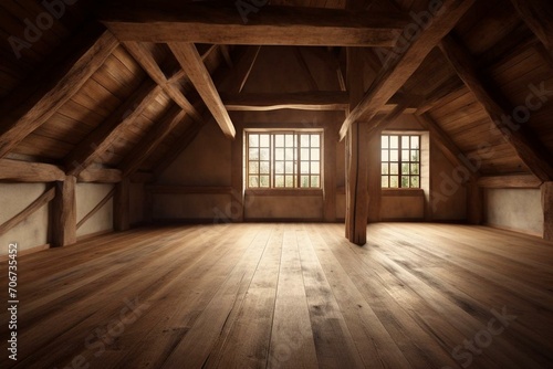 Interior: room with wooden timbers and floors. Generative AI