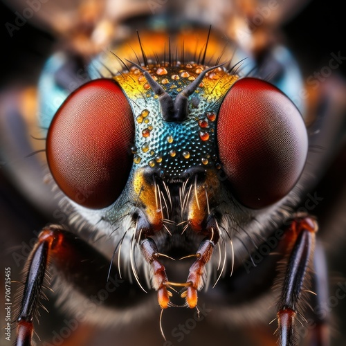 close-up photo of a fly's face with big red eyes. blurred background, defocus, blurred concept photo for a scientific magazine, articles about insects © Anastasiya