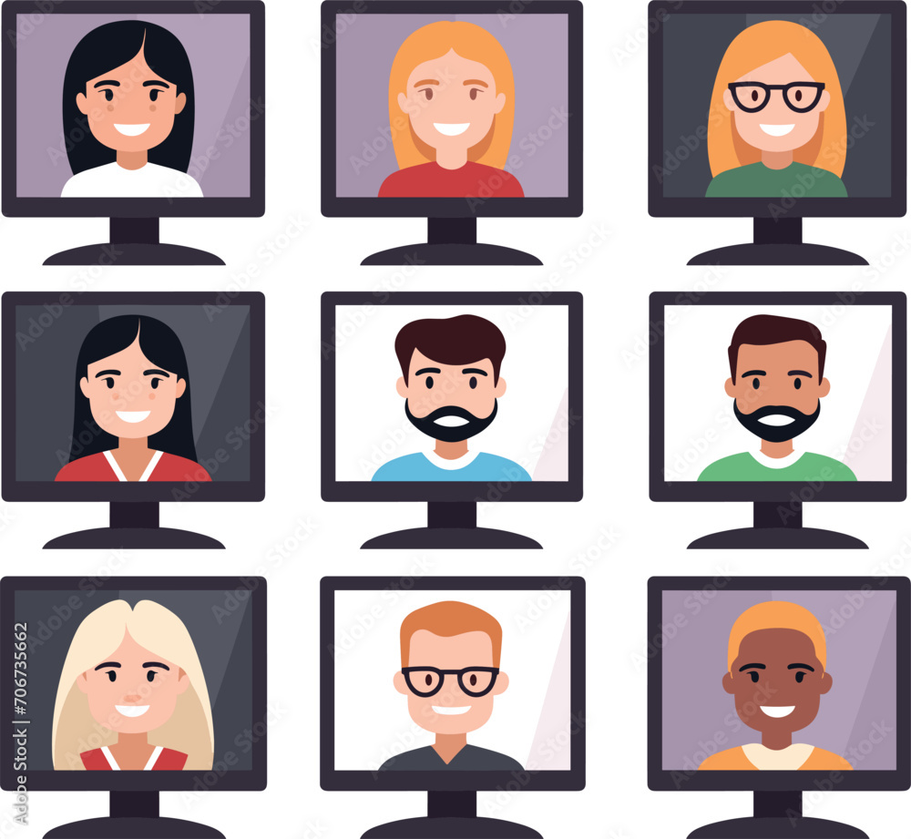 Diverse group of cartoon people in computer screens. Online meeting, remote work, or virtual conference. Multicultural teamwork digital communication vector illustration. Diverse group of cartoon people in computer screens. Online meeting, remote work, or virtual conference. Multicultural teamwork digital communication vector illustration.