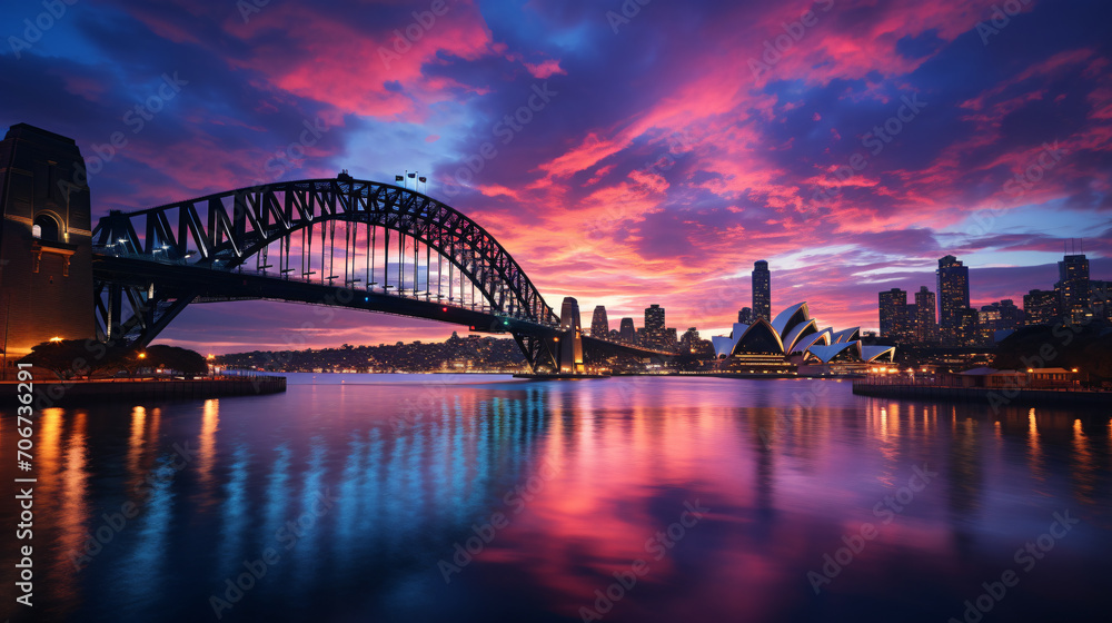 Obraz premium Cityscape of the Renowned Financial District at Twilight, Casting Reflections on the Waterfront. Generative AI