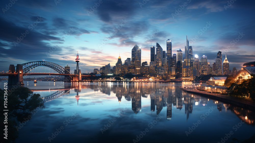 Fototapeta premium Cityscape of the Renowned Financial District at Twilight, Casting Reflections on the Waterfront. Generative AI