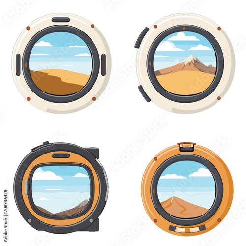 Set of spaceship portholes with views of planet landscapes. Futuristic spacecraft windows with deserts and mountains. Exploration and adventure in outer space vector illustration.