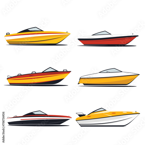 Set of six speedboats in various colors and designs. Nautical transport, recreational boats with sleek shapes. Modern maritime leisure vehicles vector illustration.
