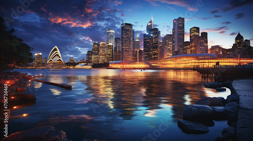 Cityscape of the Renowned Financial District at Twilight, Casting Reflections on the Waterfront. Generative AI