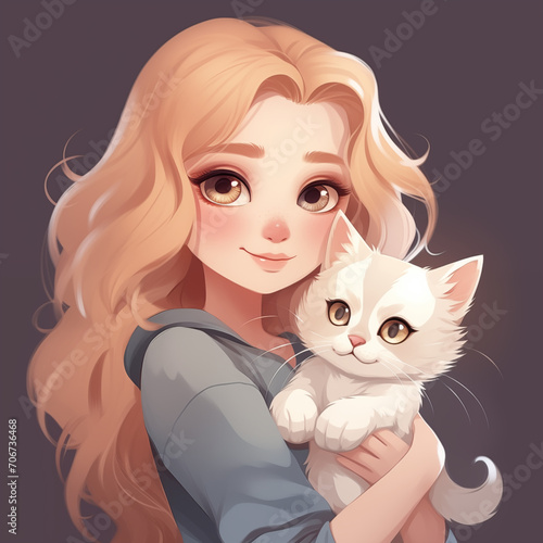 Portrait of blonde curly girl with white cat in her hands. Ai generative illustration for children's book