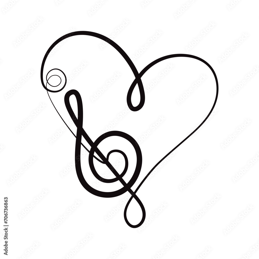 Love music, treble clef in heart shape, line art symbol, vector illustration. Love music, treble clef in heart shape, line art symbol, vector illustration.
