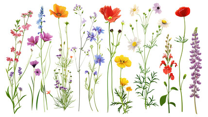 Wild flowers set isolated on a transparent background
