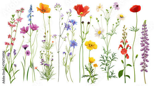 Wild flowers set isolated on a transparent background photo