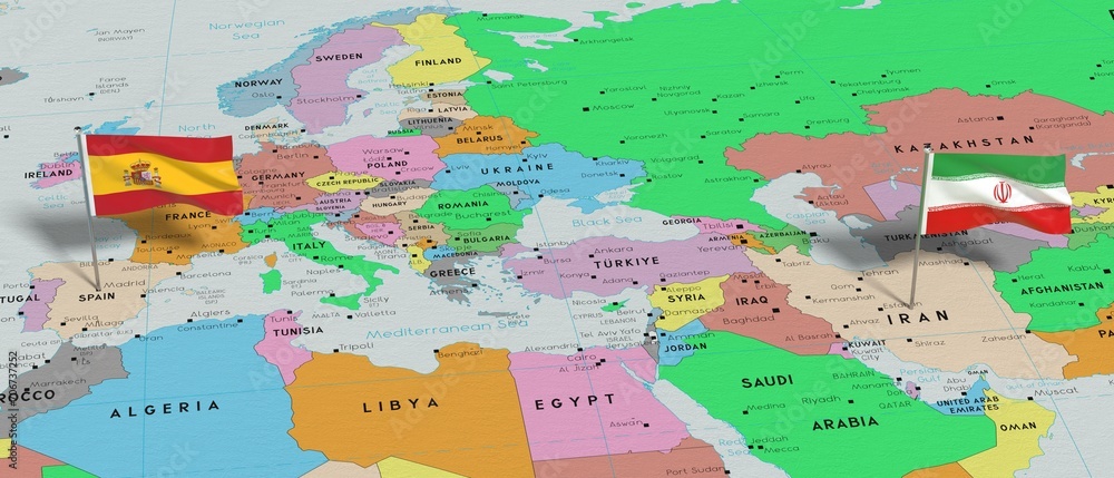 Spain and Iran - pin flags on political map - 3D illustration