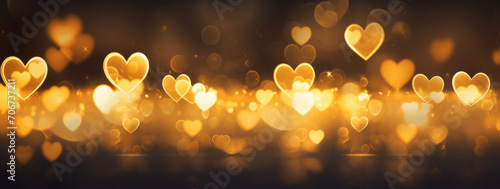 Dark background with bokeh lights and golden heart shapes. Valentine day concept