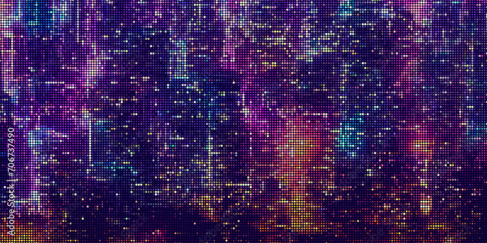 Abstract halftone dotted digital technology background with futuristic night city and neon light effect. Cyberpunk and retrowave design for technology, hi-tech and science concept. Vector illustration