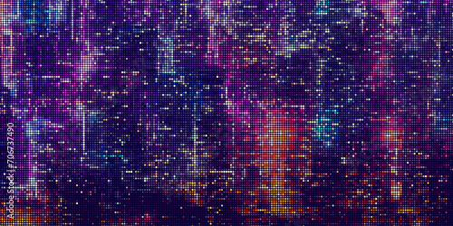 Abstract halftone dotted digital technology background with futuristic night city and neon light effect. Cyberpunk and retrowave design for technology, hi-tech and science concept. Vector illustration