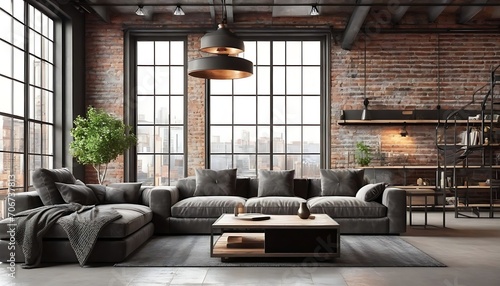 Living room loft in industrial style, 3d render photo