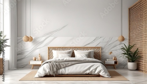 Modern bedroom interior mock up, wooden rattan bed on empty marble wall background, Scandinavian style, 3d render