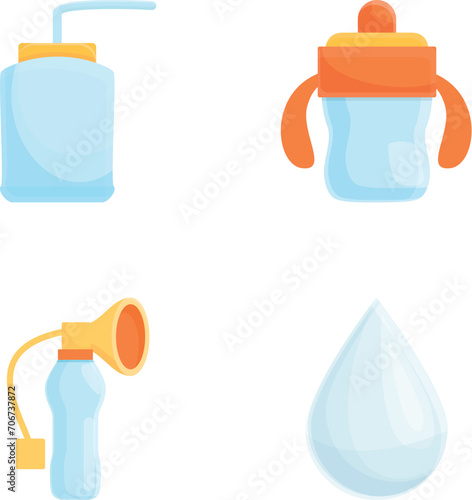 Breastfeeding device icons set cartoon vector. Manual breast pump. Breast pumping, motherhood
