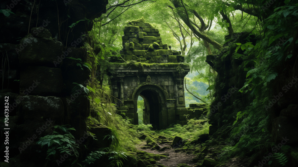 A high-resolution photo of an ancient temple hidden in a dense jungle, vibrant greens contrasting weathered stone, showcasing allure of undiscovered history.