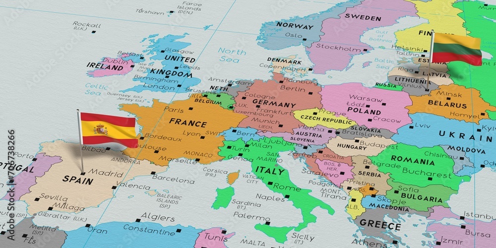 Spain and Lithuania - pin flags on political map - 3D illustration