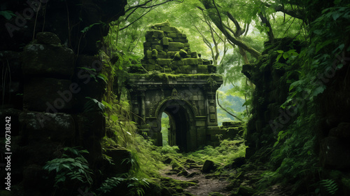 A high-resolution photo of an ancient temple hidden in a dense jungle  vibrant greens contrasting weathered stone  showcasing allure of undiscovered history.