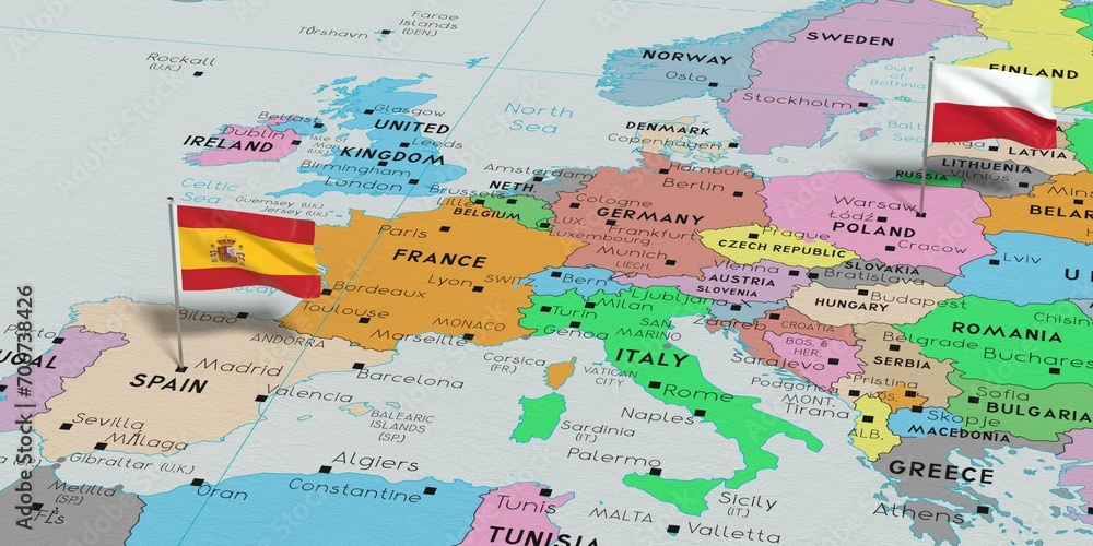 Spain and Poland - pin flags on political map - 3D illustration