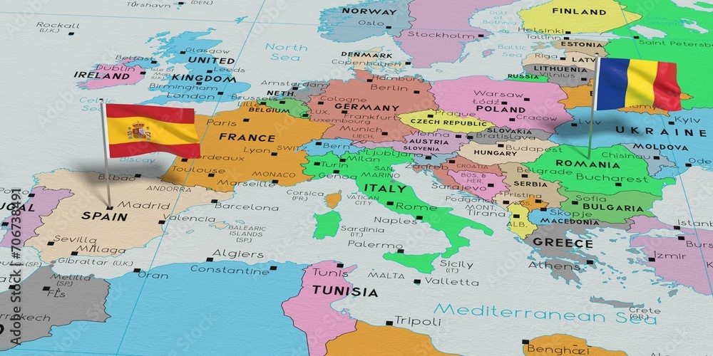 Spain and Romania - pin flags on political map - 3D illustration
