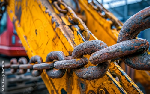 Detail of a heavy duty yellow excavator with a chain.