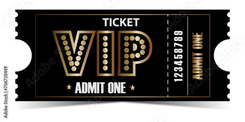 VIP golden ticket design with metallic gradient and sparkling glitter effect. Exclusive admit one pass for luxury event, raffle, party or contest. Elegant premium voucher template.