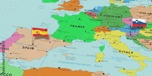 Spain and Slovenia - pin flags on political map - 3D illustration