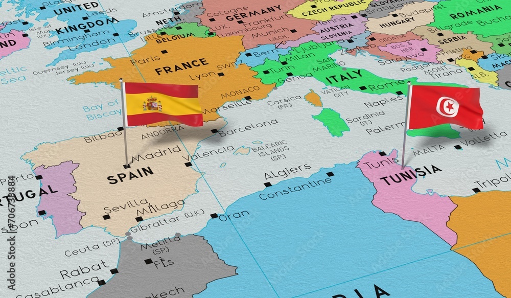 Spain and Tunisia - pin flags on political map - 3D illustration