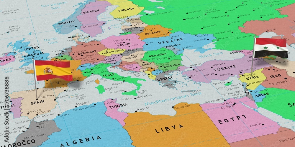 Spain and Syria - pin flags on political map - 3D illustration