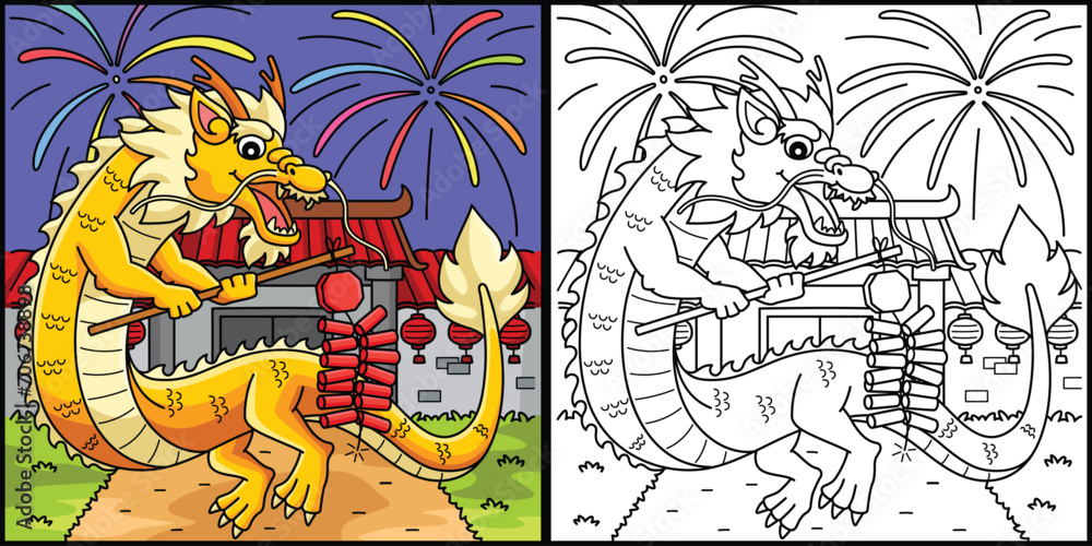 Year of the Dragon Fireworks Coloring Illustration
