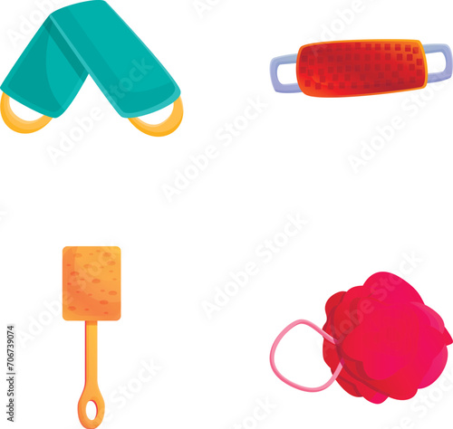 Washcloth icons set cartoon vector. Shower sponge various shape and color. Personal hygiene accessory, body care