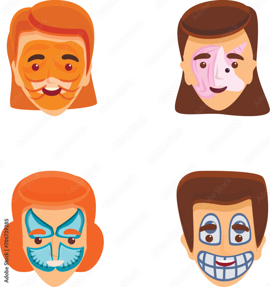Face painting icons set cartoon vector. Kid face with animal and hero painting. Children party Face painting icons set cartoon vector. Kid face with animal and hero painting. Children party