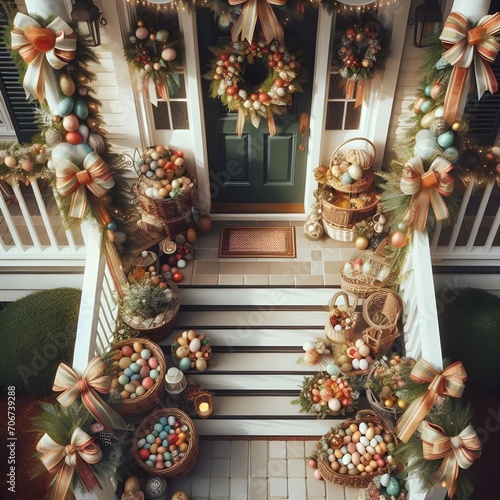 An overhead shot looking down on a front porch and stairs decorated with wreaths, garlands, bows and eggs