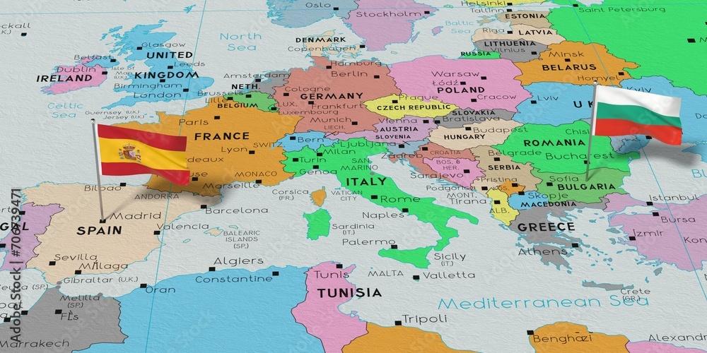 Spain and Bulgaria - pin flags on political map - 3D illustration