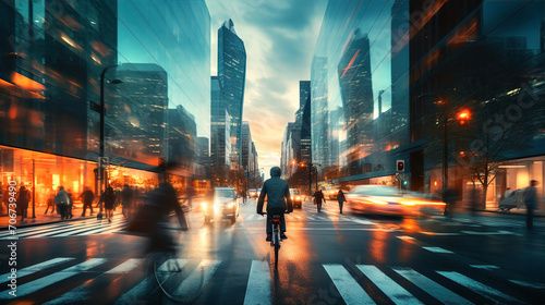 Urban Cyclists motion blur, embracing eco-friendly transport. Beautiful city street with skyscrapers and traffic lights at background photo