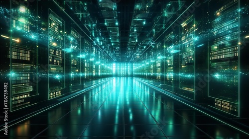 Modern server room, corridor in data centre with Supercomputer racks, neon lights and conditioner