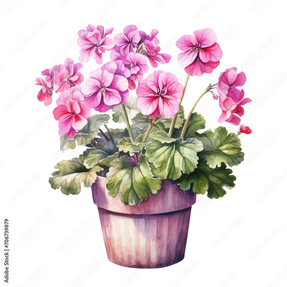 Watercolor plant Zonal Geranium in a pot isolated on a white background 
