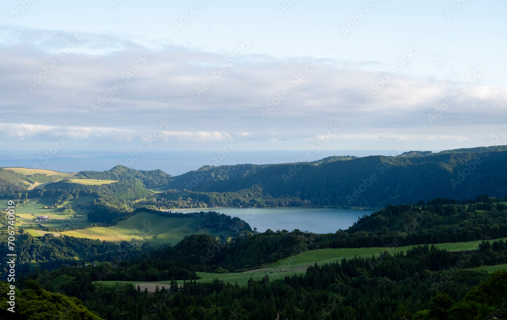 Beautiful landscape of Sao Miguel island in the Azores, with the Furnas Lake in the background. Azores, Portugal.
