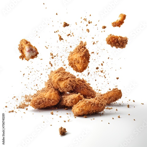 Fried nuggets chicken with crumbs falling in the air, on a white background 