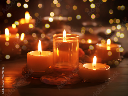 Close-up of burning candles on a wooden table. Romantic mood