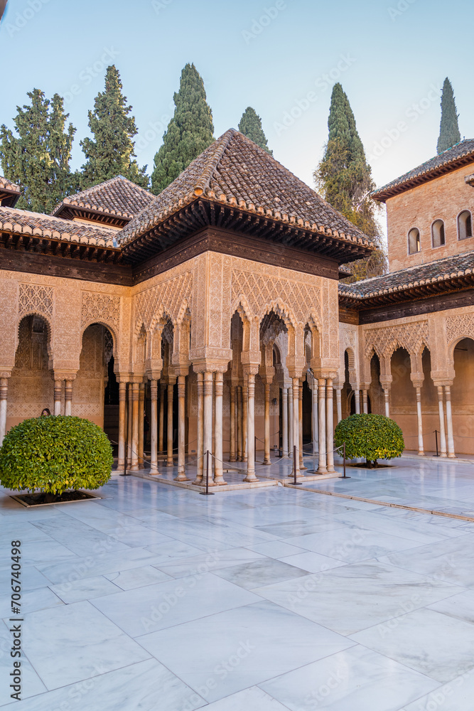 Moorish architecture and Nasrid art in the Court of the Lions of the Alhambra in Granada, Spain