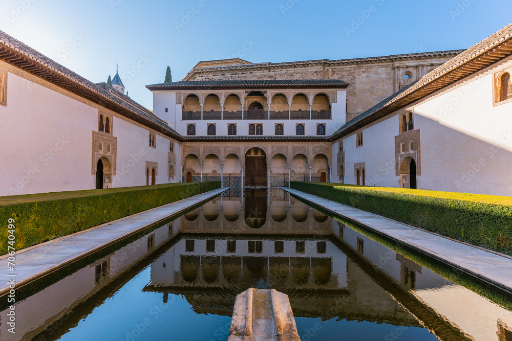 Fototapeta premium Courtyard of the Myrtles (Patio de los Arrayanes) in La Alhambra, Granada, Andalusia Spain