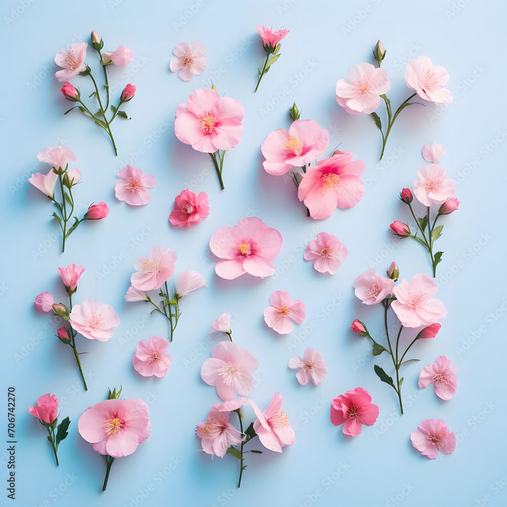 Creative concept of fresh spring flowers on pastel blue background. Beautiful pink bloomed flowers. Top view, flat lay.