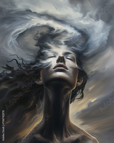 Woman's face with her hair melding into the swirling storm above, emotional turmoil concept