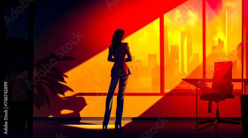 Woman standing in front of window with cityscape in the background. © Kostya