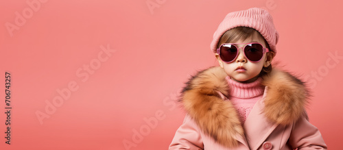 Stylish cool baby wearing oversized warm faux fur coat and sunglasses, fashion supermodel kid. Banner with copy space on side. Generative AI