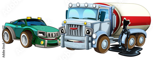 cartoon scene with two cars crashing in accident sports car and construction site cistern isolated illustration for children